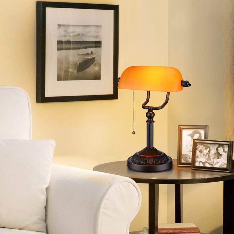 Fallon Vintage Bankers Lamp with Pull Chain Switch Traditional Amber Glass  Shade Table Lamp